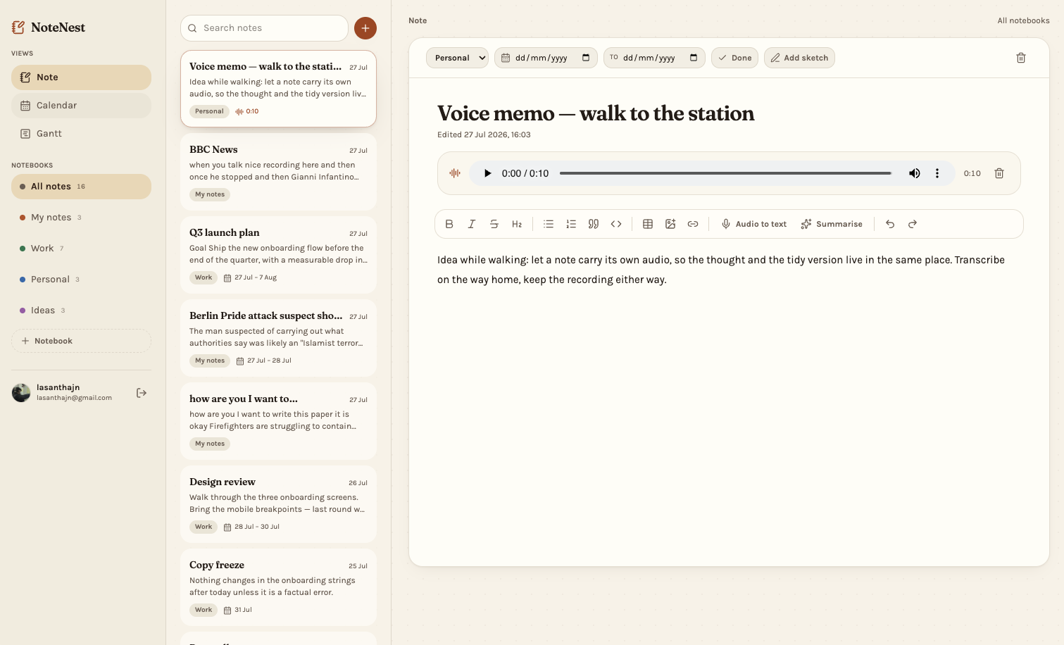 The NoteNest app: notebook sidebar, note list, and an open note with an audio player and formatting toolbar
