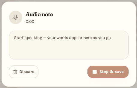 An audio note with an inline player showing a ten second recording