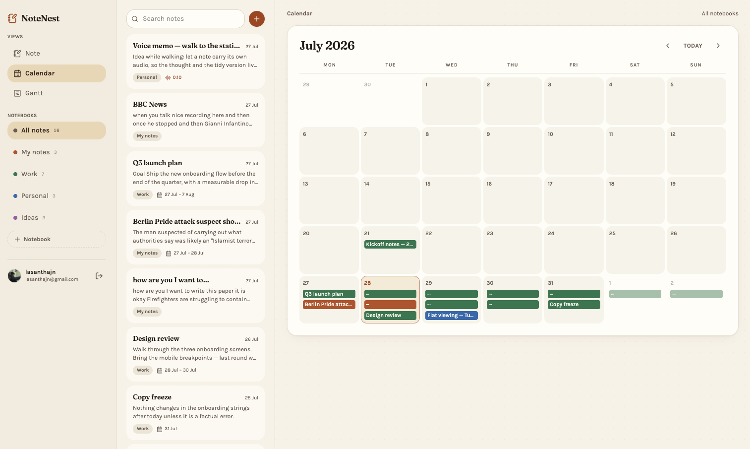 NoteNest calendar for July 2026, with dated notes spread across the month and colour-coded by notebook