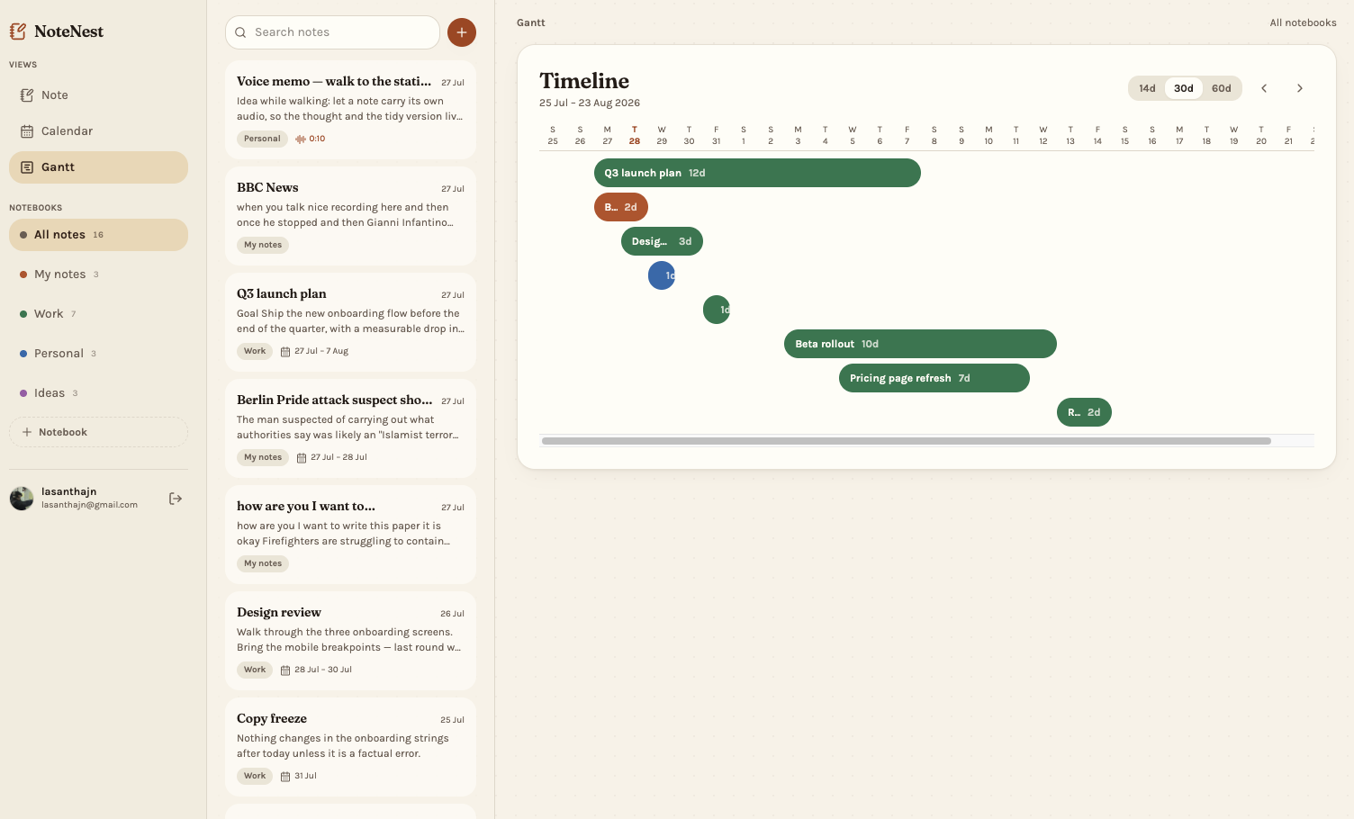NoteNest Gantt timeline showing overlapping task bars across late July and August 2026