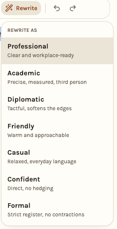 The rewrite menu listing seven tones, each with a one-line description