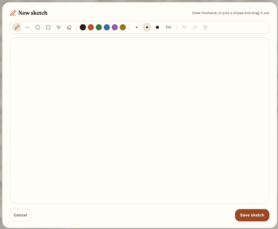 The sketch canvas with pen, shape, colour and stroke-width tools