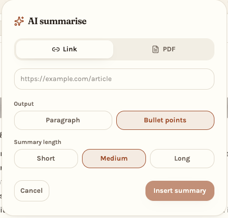 The AI summarise dialog with Link and PDF tabs, output format and summary length options